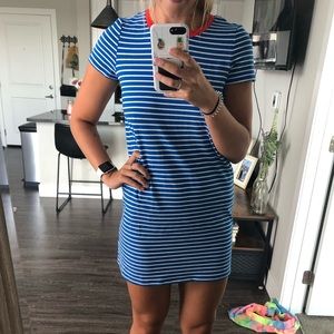 Blue and white striped dress.